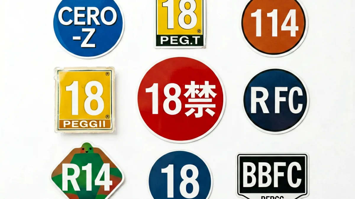 展示多种媒体内容分级标志的对比图，包括18禁标签与其他年龄限制标志并排呈现