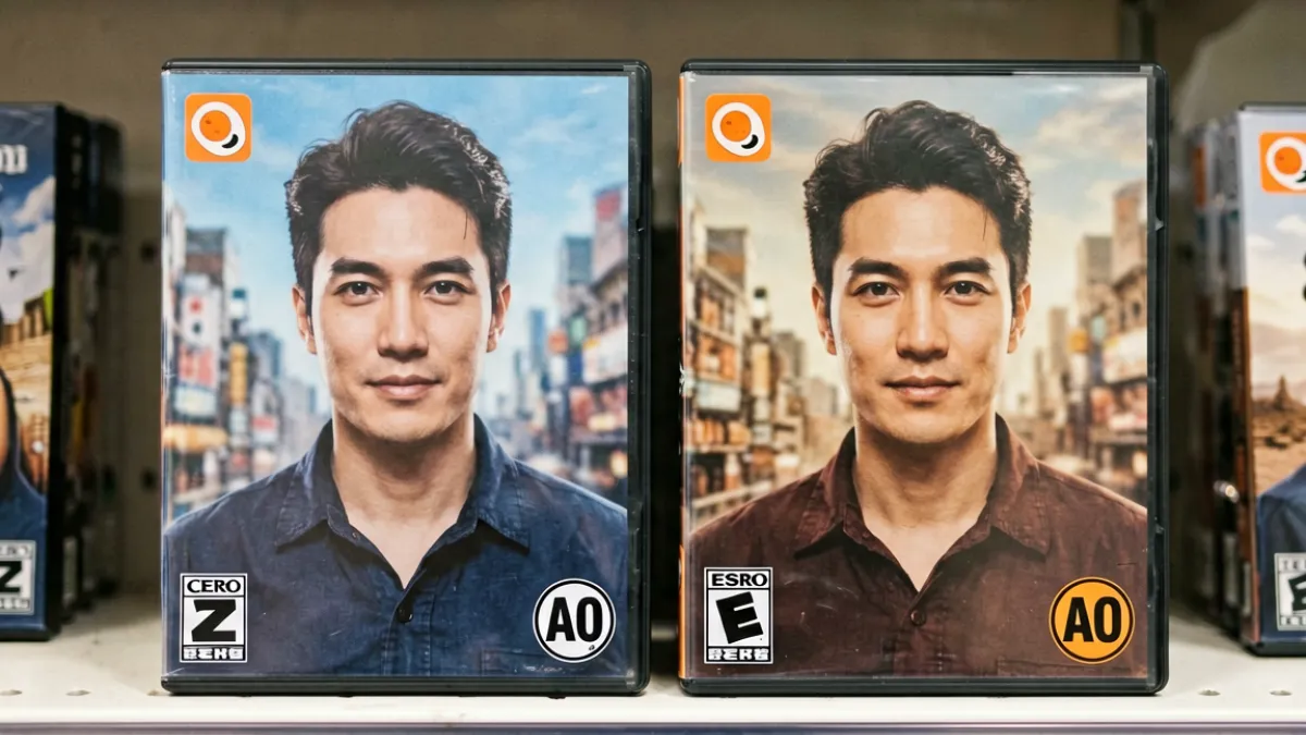 日本CERO Z级与美国ESRB AO级游戏封面标识的近距离对比展示，背景是游戏零售货架