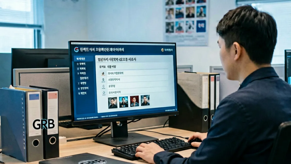韩国游戏分级委员会GRB对一款18禁游戏进行实名认证审核的办公场景示意图